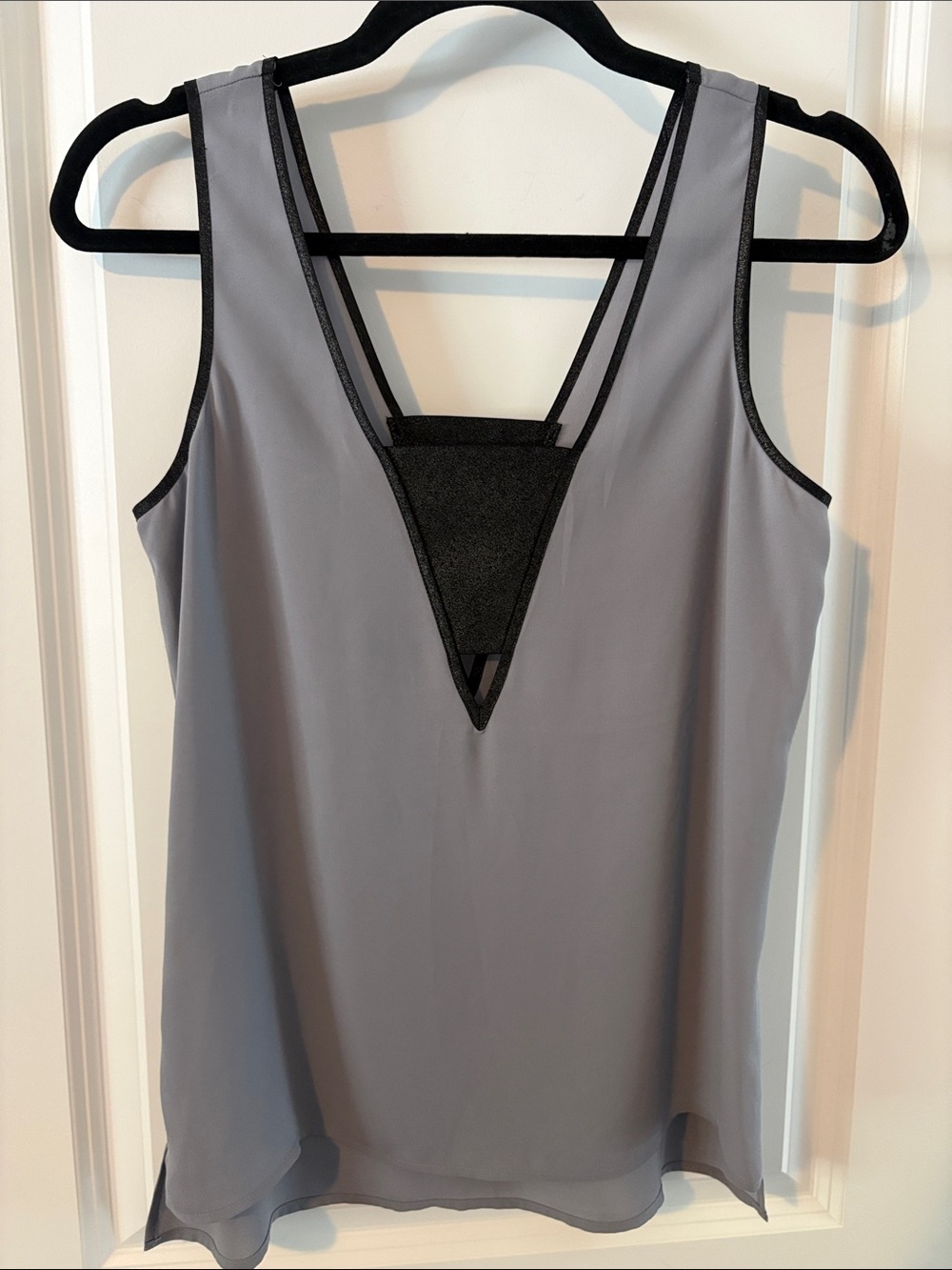 Express Gray Chemise with Black Trim and Strappy V-Inset cut out